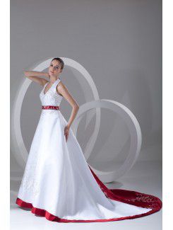 Satin Halter Sweep Train A-line Embroidered Wedding Dress