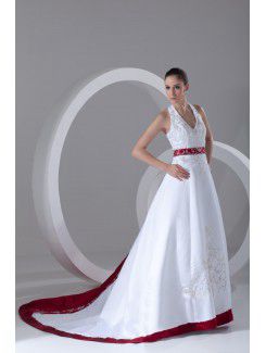 Satin Halter Sweep Train A-line Embroidered Wedding Dress