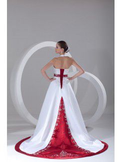 Satin Halter Sweep Train A-line Embroidered Wedding Dress