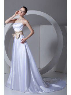 Satin Strapless Sweep Train A-line Sash Wedding Dress