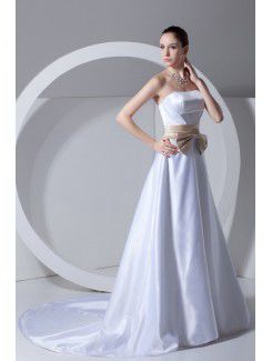 Satin Strapless Sweep Train A-line Sash Wedding Dress