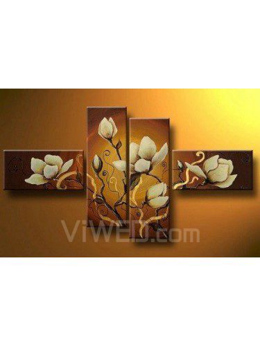 Pintados à mão pintura a óleo da flor com quadro esticado-conjunto de 4