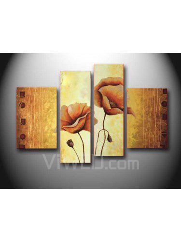 Pintados à mão pintura a óleo da flor com quadro esticado-conjunto de 4