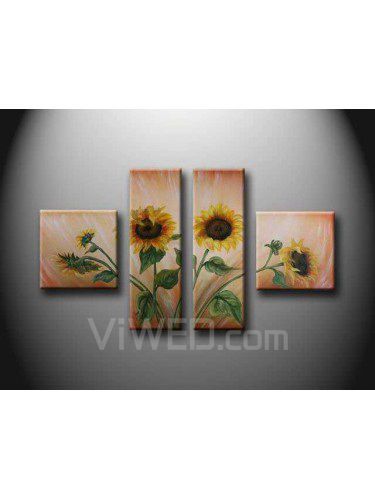 Pintados à mão pintura a óleo da flor com quadro esticado-conjunto de 4