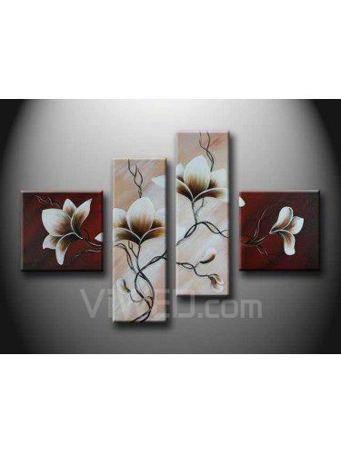 Pintados à mão pintura a óleo da flor com quadro esticado-conjunto de 4