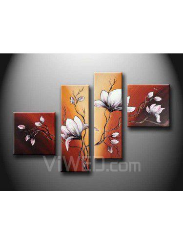 Pintados à mão pintura a óleo da flor com quadro esticado-conjunto de 4