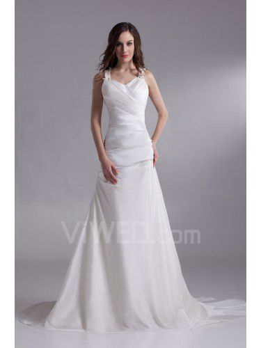 Satin bretelles train chapelle robe de mariée a-ligne