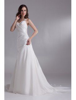 Satin Straps Chapel Train A-line Wedding Dress