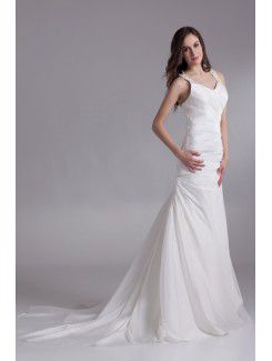 Satin Straps Chapel Train A-line Wedding Dress