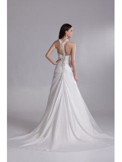 Satin Straps Chapel Train A-line Wedding Dress