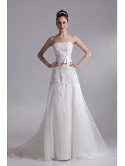 Organza strapless kapel trein a-lijn geborduurde trouwjurk