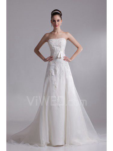 Organza senza spalline cappella treno a-line abito da sposa ricamato