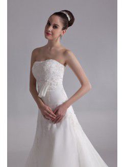 Organza Strapless Chapel Train A-line Embroidered Wedding Dress