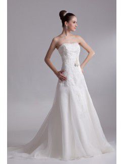 Organza Strapless Chapel Train A-line Embroidered Wedding Dress