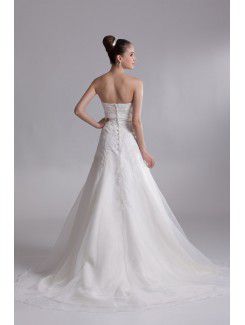 Organza Strapless Chapel Train A-line Embroidered Wedding Dress