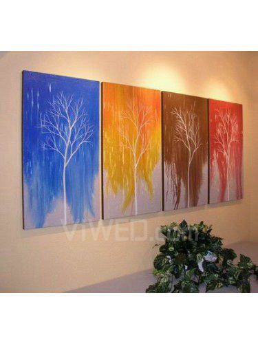 Dipinti a mano pittura a olio dell'albero con telaio allungato-set di 4