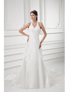 Taffeta Halter Sheath Sweep Train Embroidered Wedding Dress