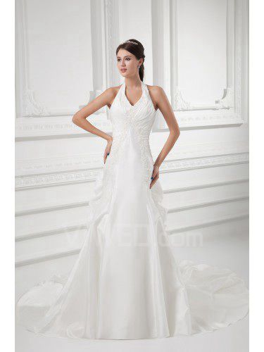 Taffeta Halter Sheath Sweep Train Embroidered Wedding Dress