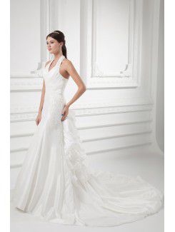 Taffeta Halter Sheath Sweep Train Embroidered Wedding Dress