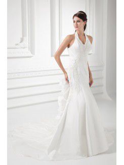 Taffeta Halter Sheath Sweep Train Embroidered Wedding Dress