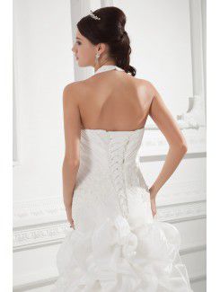 Taffeta Halter Sheath Sweep Train Embroidered Wedding Dress