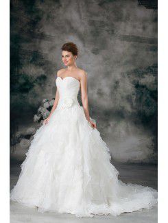 Organza Sweetheart Sweep Train A-line Hand-made Flower Wedding Dress