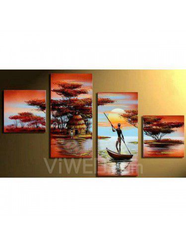 Hand-painted Abstract Oil Painting with Stretched Frame-Set of 4