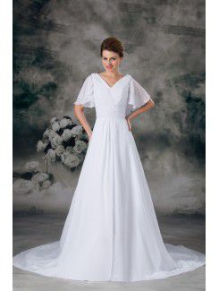 Chiffon con scollo a v treno spazzare una linea mezze maniche abito da sposa