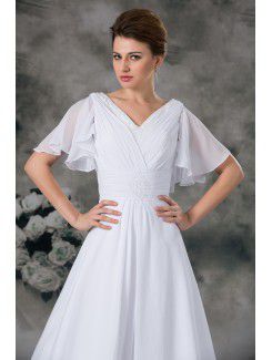 Chiffon V-Neck Sweep Train A-line Half-Sleeves Wedding Dress