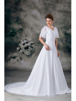 Chiffon V-Neck Sweep Train A-line Half-Sleeves Wedding Dress