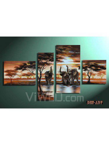 Peints à la main peinture à l'huile de paysage africain avec cadre étiré-set de 4