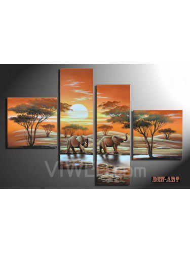 Peints à la main peinture à l'huile de paysage africain avec cadre étiré-set de 4