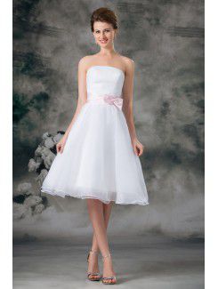 Organza Strapless Knee Length A-line Sash Short Wedding Dress