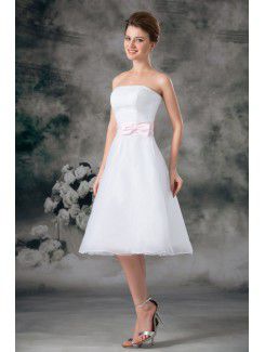 Organza Strapless Knee Length A-line Sash Short Wedding Dress