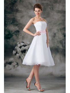 Organza Strapless Knee Length A-line Sash Short Wedding Dress