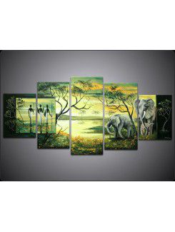 Hand-painted Arican Landscape Oil Painting with Stretched Frame-Set of 5