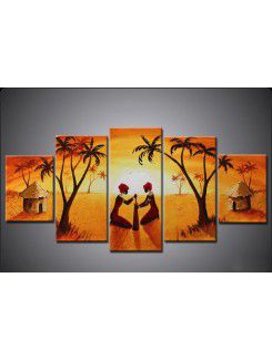 Hand-painted Arican Landscape Oil Painting with Stretched Frame-Set of 5