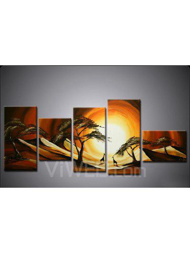 Hand-painted Arican Landscape Oil Painting with Stretched Frame-Set of 5