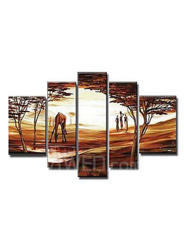 Pintura a óleo da paisagem arican pintados à mão com moldura esticado-conjunto de 5