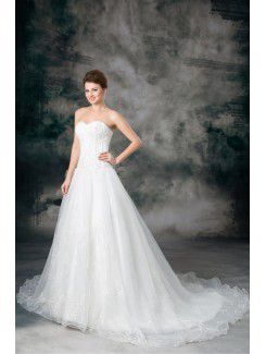 Organza Sweetheart Sweep Train A-line Embroidered Wedding Dress