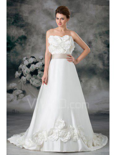 Satin Strapless Sweep Train A-line Hand-made Flowers Wedding Dress