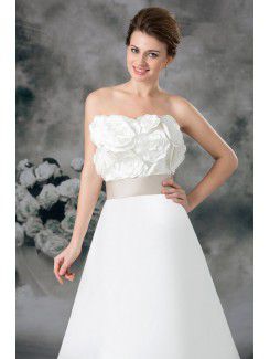 Satin Strapless Sweep Train A-line Hand-made Flowers Wedding Dress