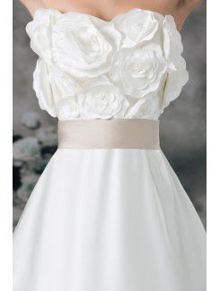 Satin Strapless Sweep Train A-line Hand-made Flowers Wedding Dress