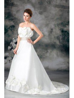 Satin Strapless Sweep Train A-line Hand-made Flowers Wedding Dress