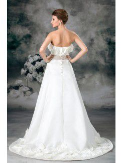 Satin Strapless Sweep Train A-line Hand-made Flowers Wedding Dress