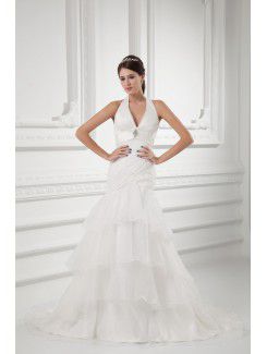 Organza gaine de halter balayage train robe de mariée brodée