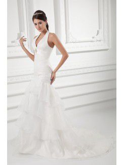 Organza Halter Sheath Sweep Train Embroidered Wedding Dress