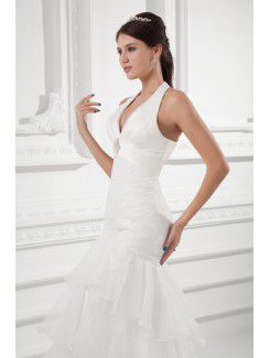 Organza Halter Sheath Sweep Train Embroidered Wedding Dress