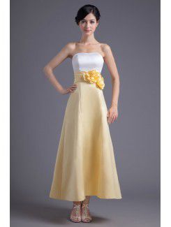 Satin Strapless A-line Ankle-Length Hand-made Flowers Evening Dress
