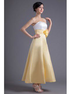 Satin Strapless A-line Ankle-Length Hand-made Flowers Evening Dress